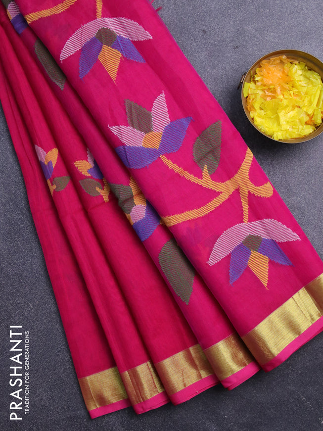 Jamdhani silk cotton saree pink with thread woven floral buttas and zari woven border