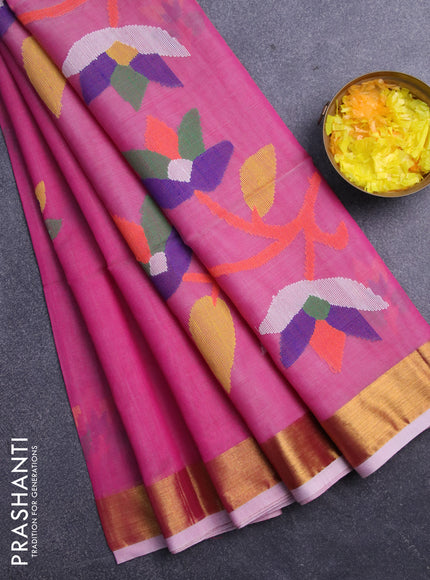 Jamdhani silk cotton saree pink with thread woven floral buttas and zari woven border