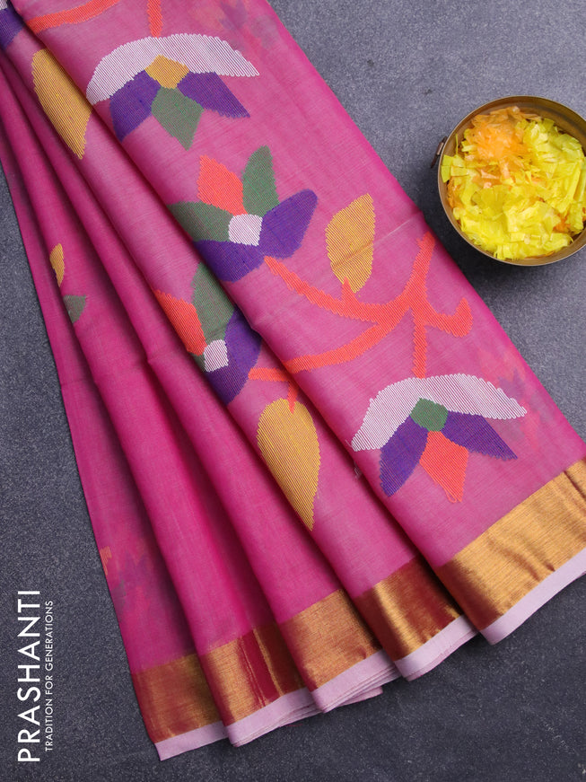 Jamdhani silk cotton saree pink with thread woven floral buttas and zari woven border