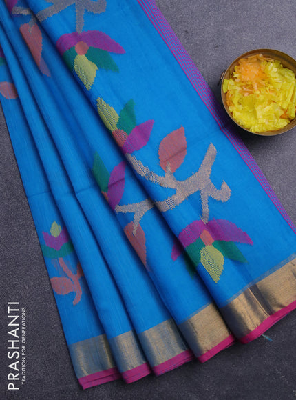 Jamdhani silk cotton saree cs blue with thread woven floral buttas and zari woven border