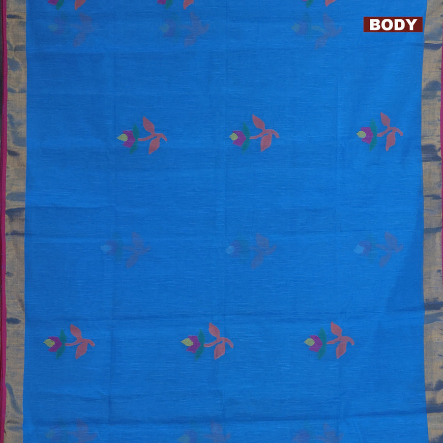 Jamdhani silk cotton saree cs blue with thread woven floral buttas and zari woven border