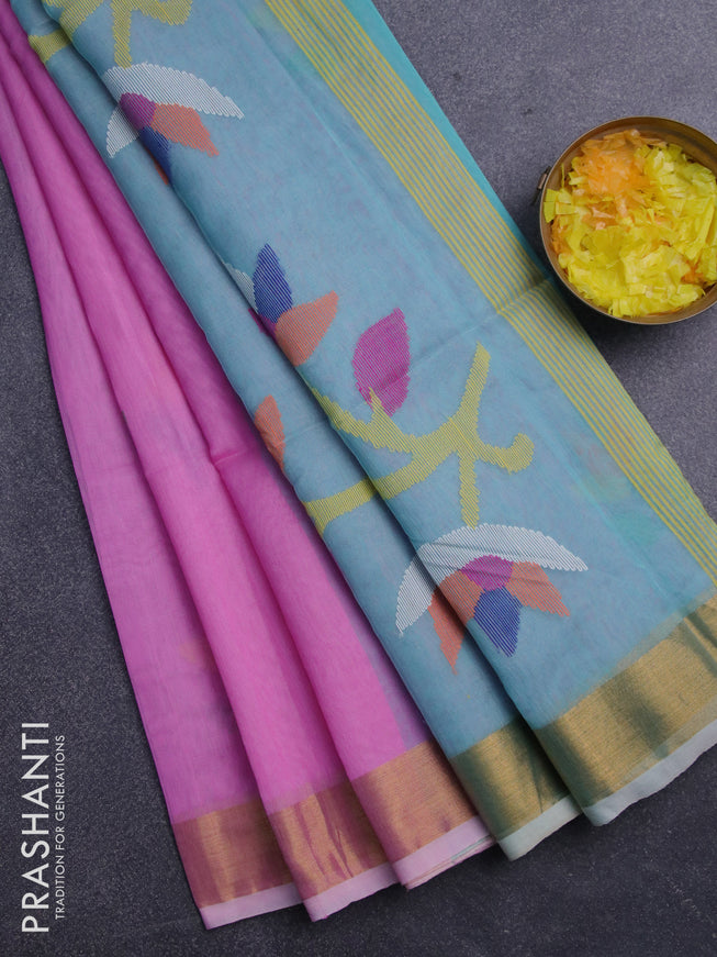 Jamdhani silk cotton saree light pink and teal blue with thread woven floral buttas and zari woven border