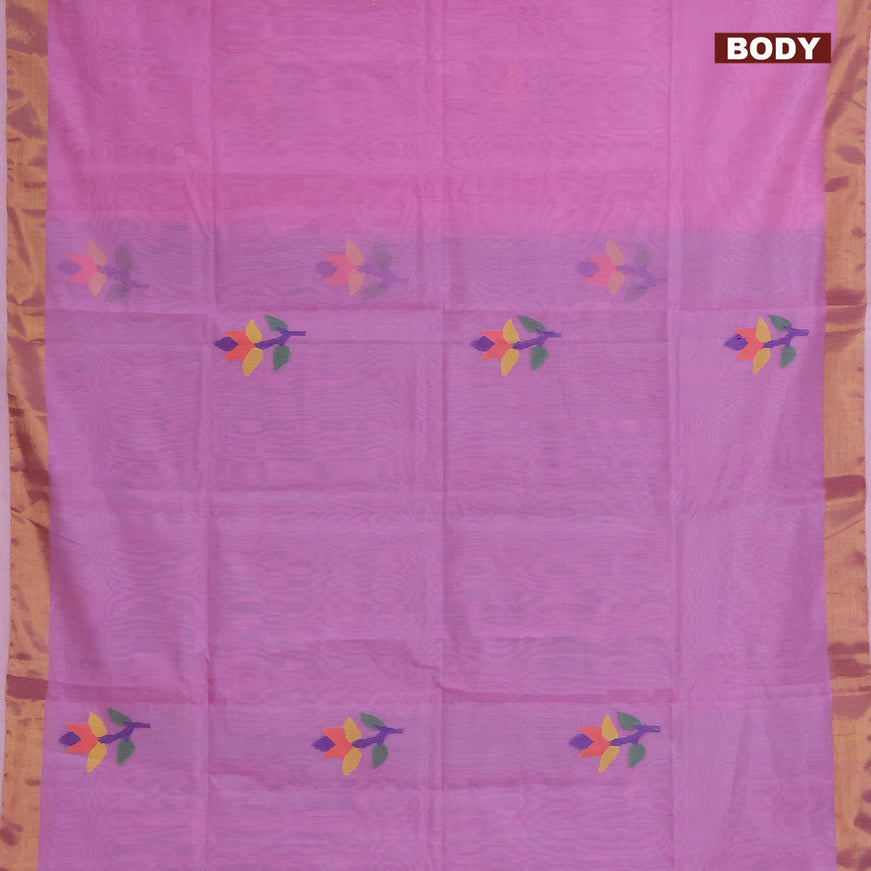 Jamdhani silk cotton saree light pink and teal blue with thread woven floral buttas and zari woven border