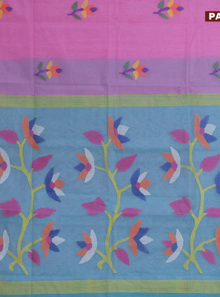 Jamdhani silk cotton saree light pink and teal blue with thread woven floral buttas and zari woven border