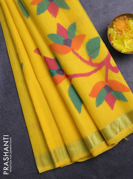 Jamdhani silk cotton saree yellow with thread woven floral buttas and zari woven border