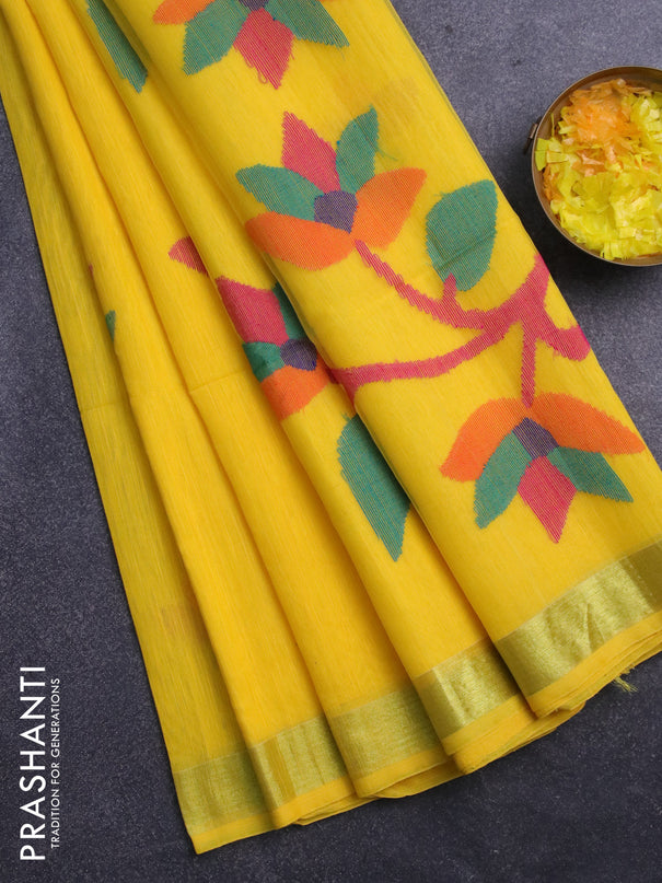 Jamdhani silk cotton saree yellow with thread woven floral buttas and zari woven border