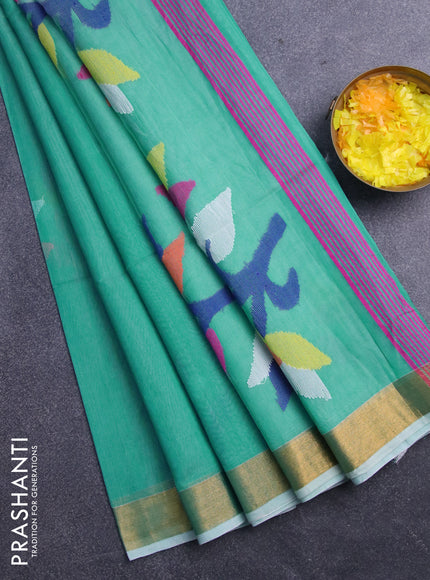 Jamdhani silk cotton saree teal green with thread woven floral buttas and zari woven border