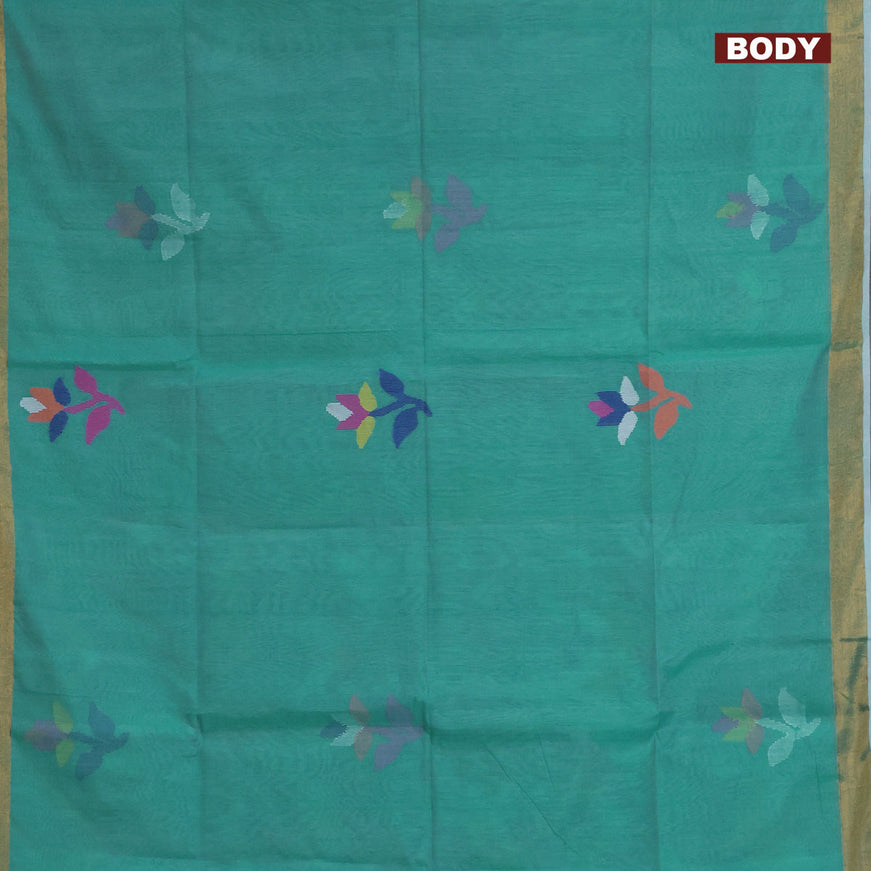 Jamdhani silk cotton saree teal green with thread woven floral buttas and zari woven border