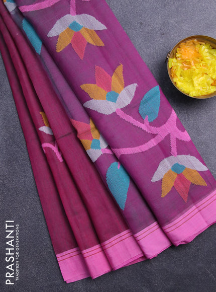 Jamdhani silk cotton saree dual shade of magenta pink with thread woven floral buttas and simple border