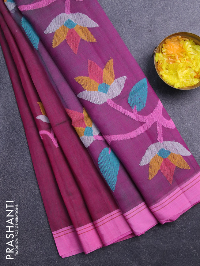 Jamdhani silk cotton saree dual shade of magenta pink with thread woven floral buttas and simple border