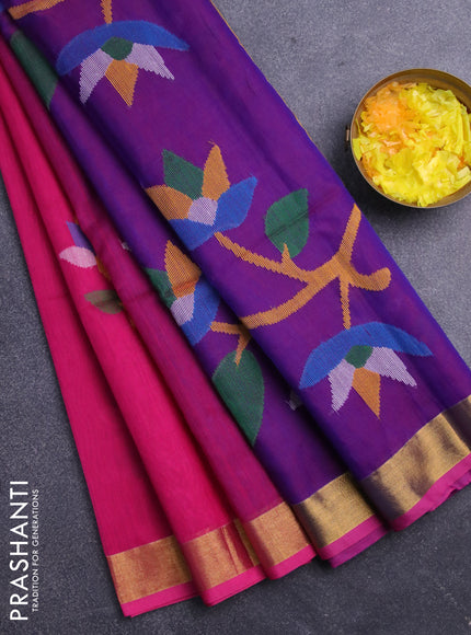 Jamdhani silk cotton saree pink and dual shade of blue with thread woven floral buttas and zari woven border