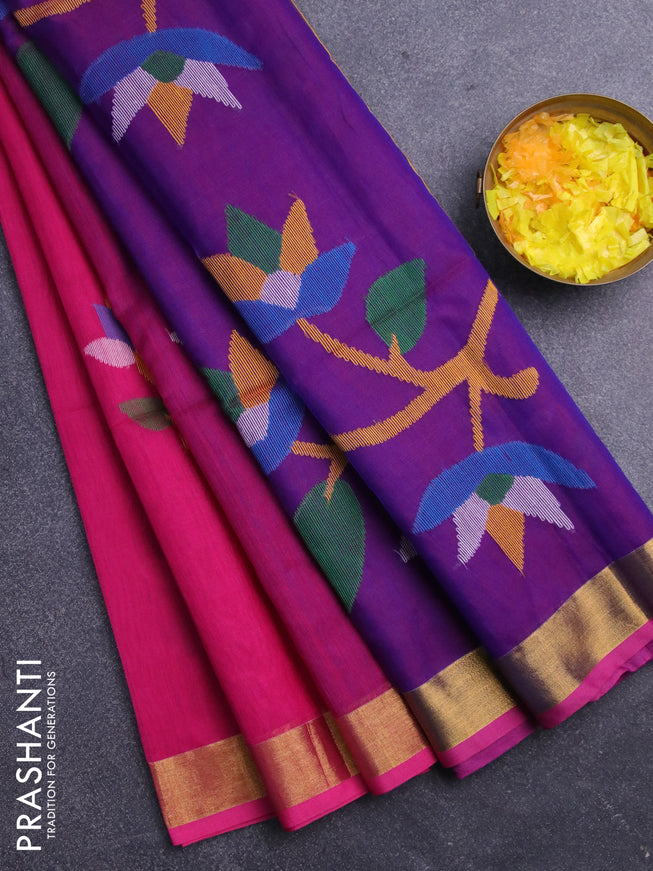 Jamdhani silk cotton saree pink and dual shade of blue with thread woven floral buttas and zari woven border