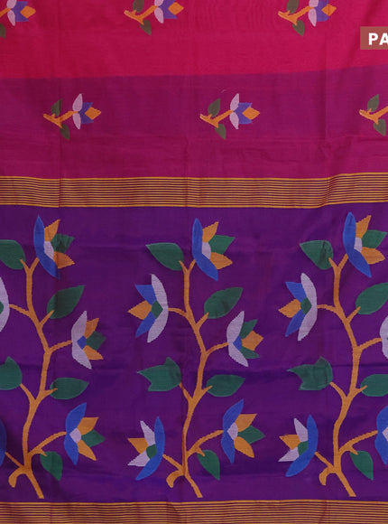 Jamdhani silk cotton saree pink and dual shade of blue with thread woven floral buttas and zari woven border