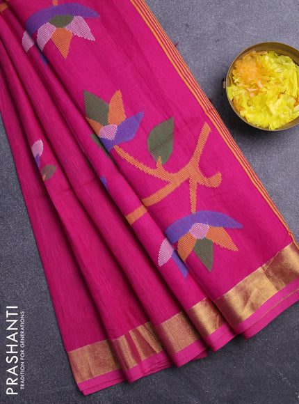 Jamdhani silk cotton saree pink with thread woven floral buttas and zari woven border