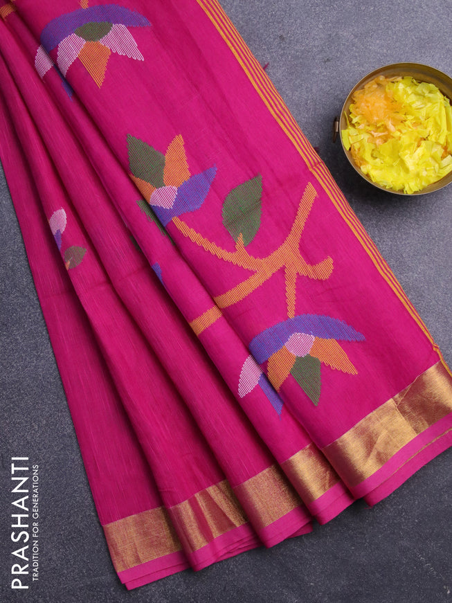 Jamdhani silk cotton saree pink with thread woven floral buttas and zari woven border