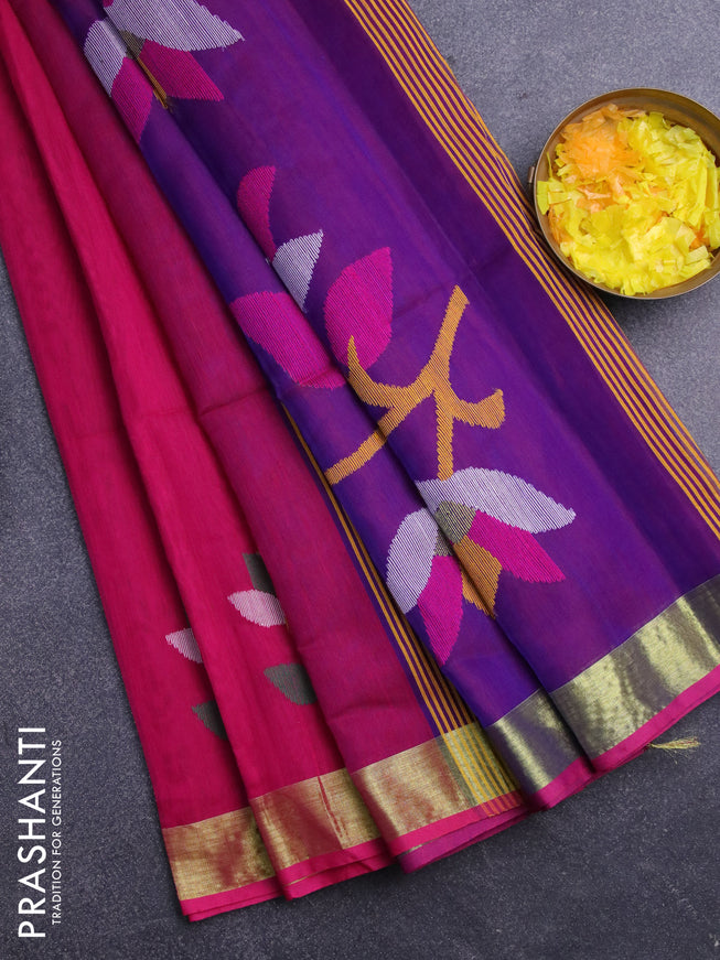 Jamdhani silk cotton saree pink and dual shade of blue with thread woven floral buttas and zari woven border