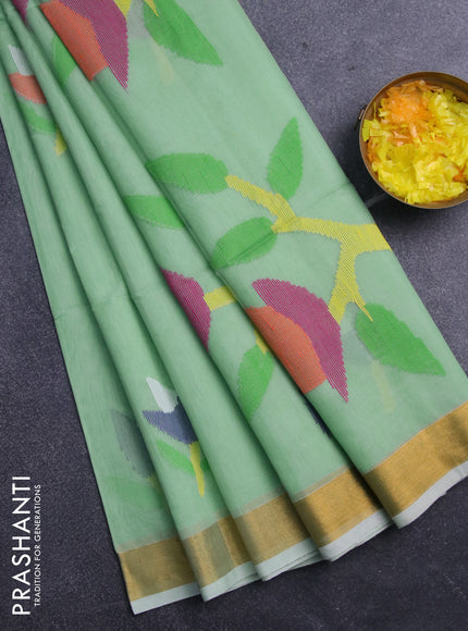 Jamdhani silk cotton saree pastel green with thread woven floral buttas and zari woven border