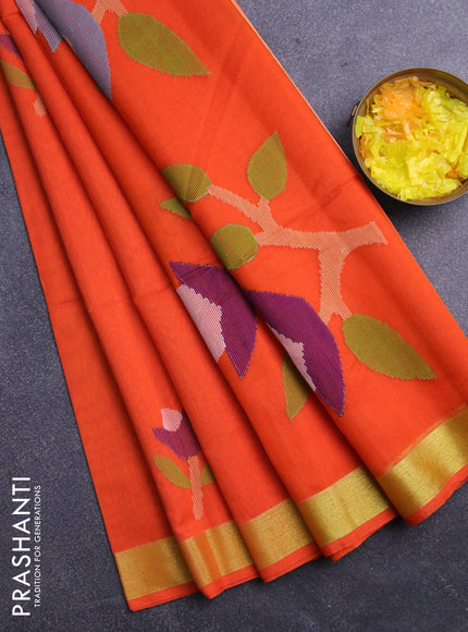 Jamdhani silk cotton saree orange with thread woven floral buttas and zari woven border