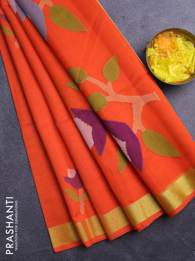 Jamdhani silk cotton saree orange with thread woven floral buttas and zari woven border