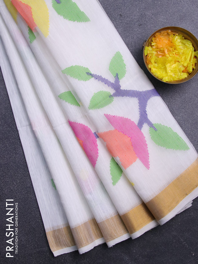 Jamdhani silk cotton saree off white with thread woven floral buttas and zari woven border