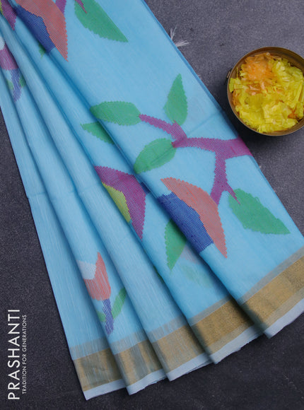 Jamdhani silk cotton saree light blue with thread woven floral buttas and zari woven border