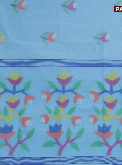 Jamdhani silk cotton saree light blue with thread woven floral buttas and zari woven border