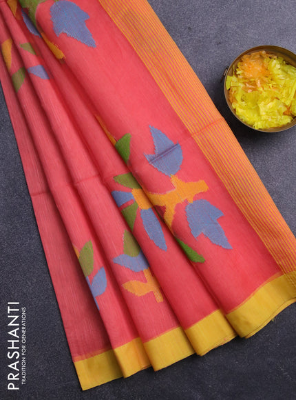 Jamdhani silk cotton saree orange with thread woven floral buttas and simple border