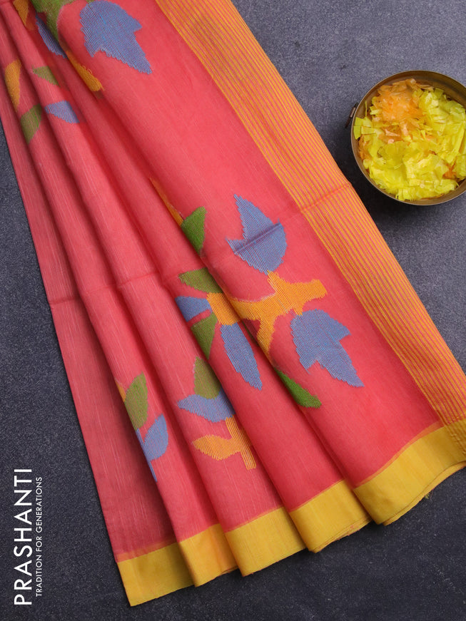 Jamdhani silk cotton saree orange with thread woven floral buttas and simple border