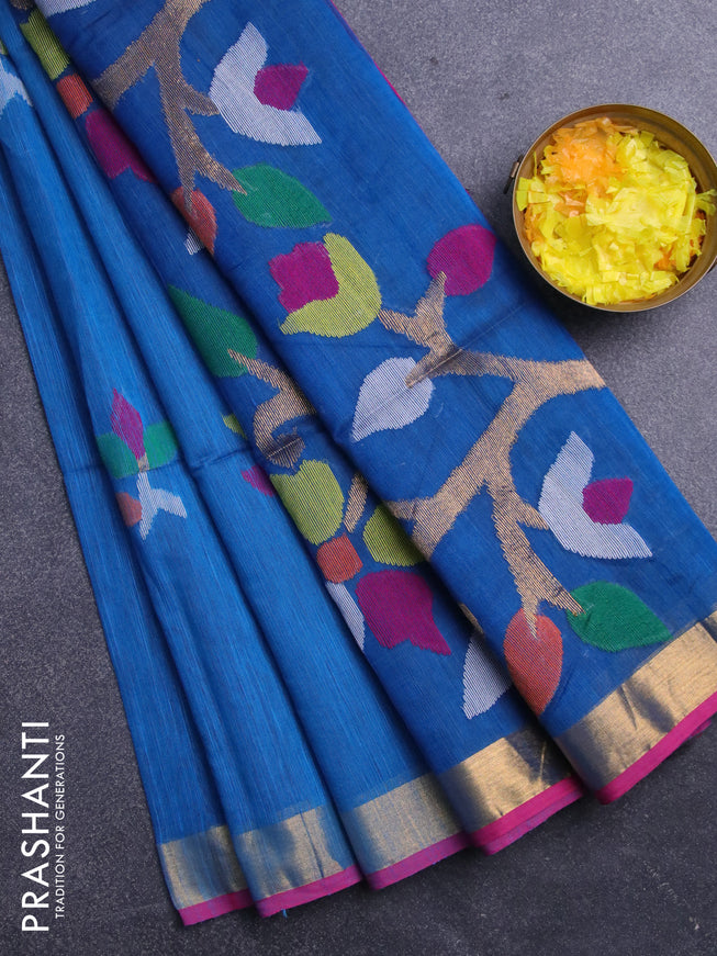 Jamdhani silk cotton saree cs blue with thread woven floral buttas and zari woven border