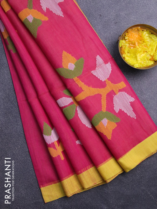 Jamdhani silk cotton saree pink with thread woven floral buttas and simple border