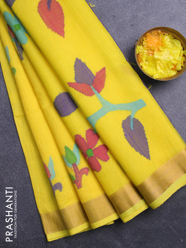 Jamdhani silk cotton saree yellow with thread woven floral buttas and zari woven border