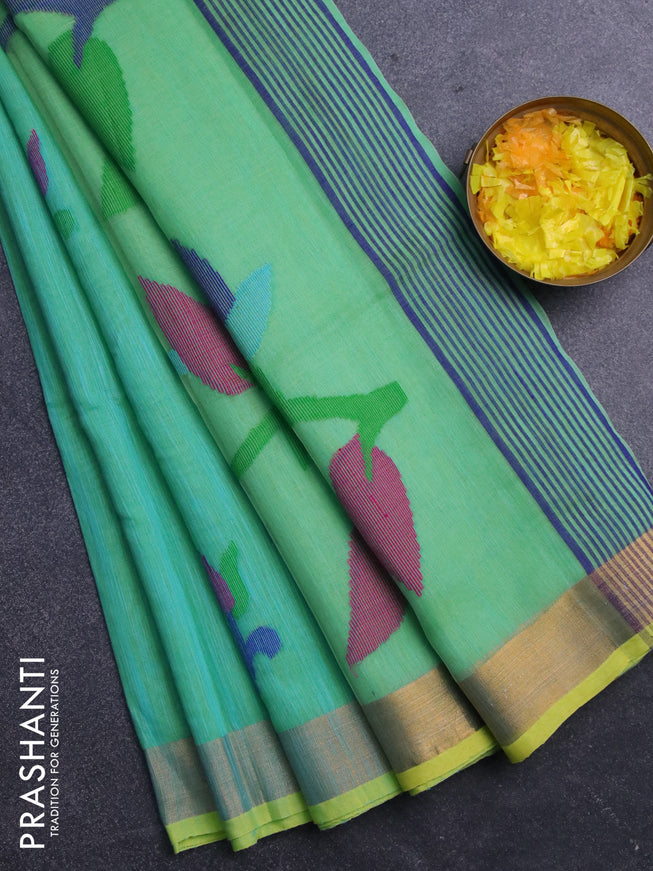 Jamdhani silk cotton saree dual shade of teal blue and green shade with thread woven floral buttas and zari woven border