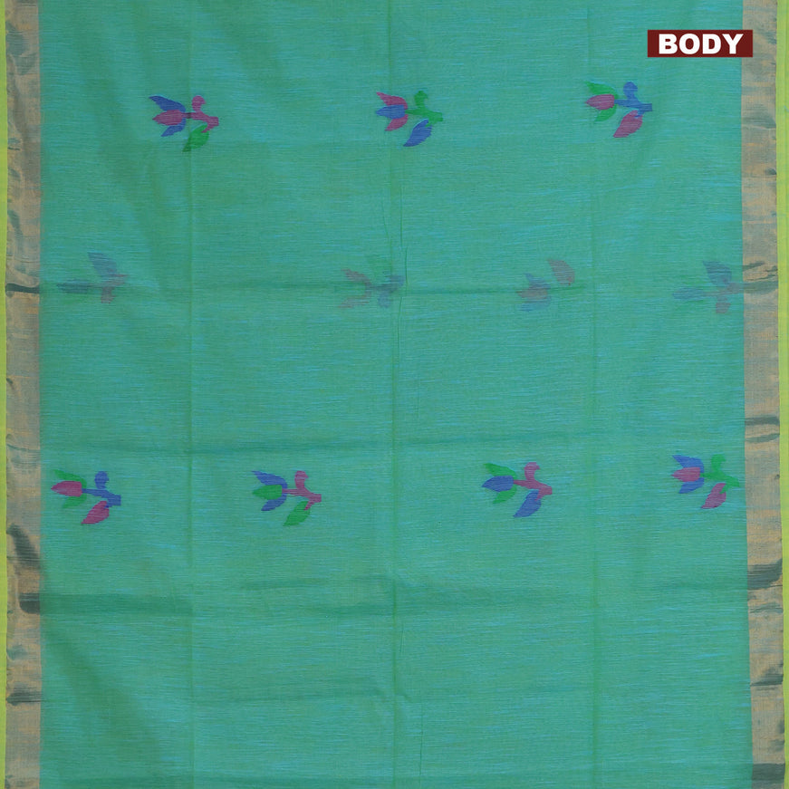 Jamdhani silk cotton saree dual shade of teal blue and green shade with thread woven floral buttas and zari woven border