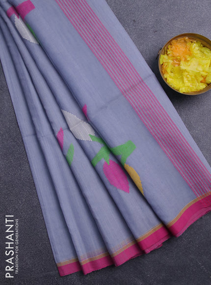 Jamdhani silk cotton saree grey with thread woven floral buttas and simple border