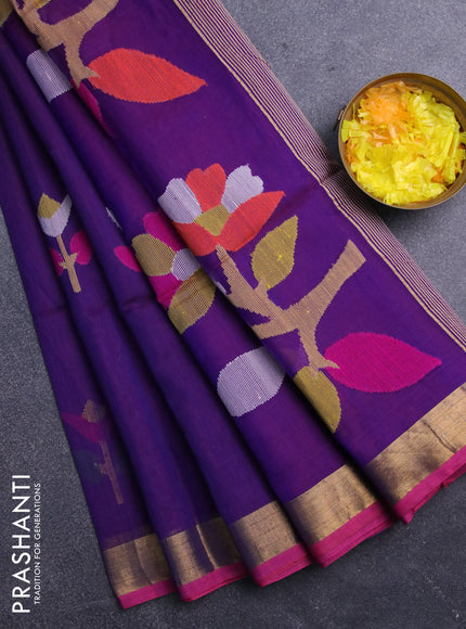 Jamdhani silk cotton saree dual shade of bluish maroon with thread woven floral buttas and zari woven border