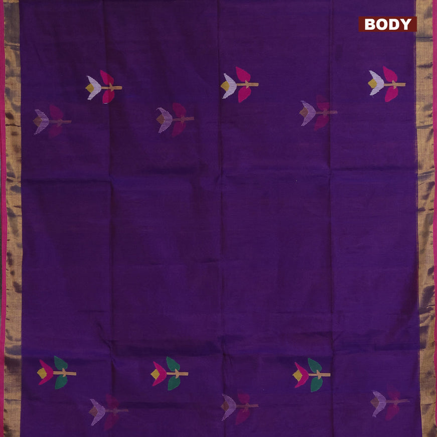 Jamdhani silk cotton saree dual shade of bluish maroon with thread woven floral buttas and zari woven border