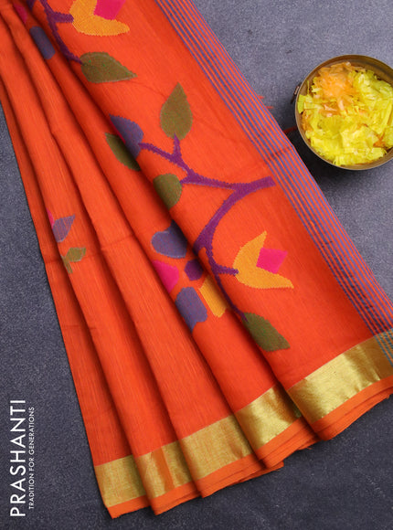 Jamdhani silk cotton saree orange with thread woven floral buttas and zari woven border