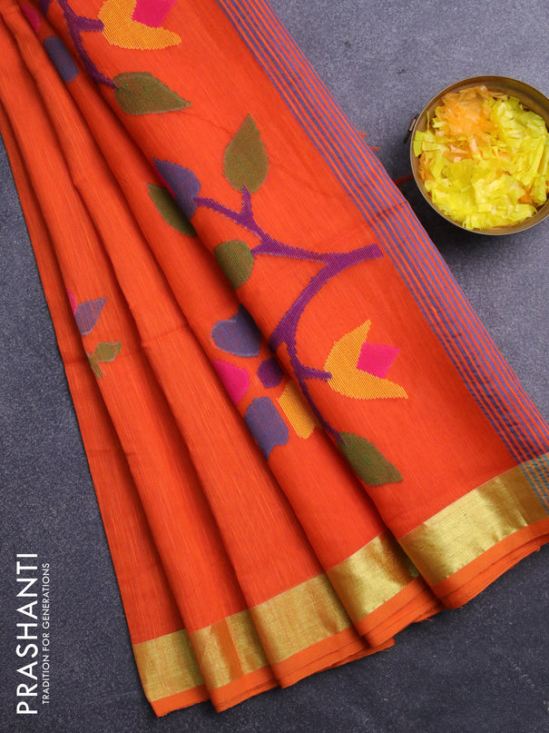 Jamdhani silk cotton saree orange with thread woven floral buttas and zari woven border