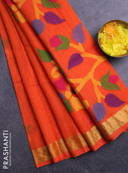 Jamdhani silk cotton saree orange with thread woven floral buttas and zari woven border