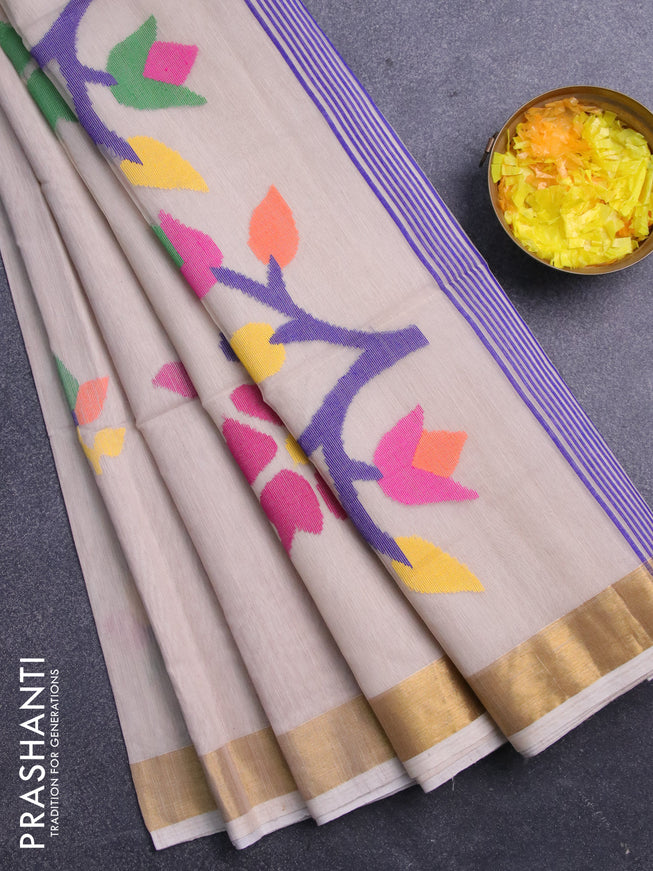 Jamdhani silk cotton saree beige with thread woven floral buttas and zari woven border