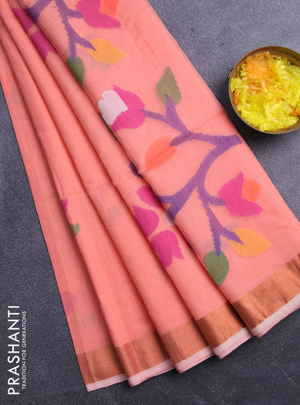 Jamdhani silk cotton saree peach orange with thread woven floral buttas and copper zari woven border