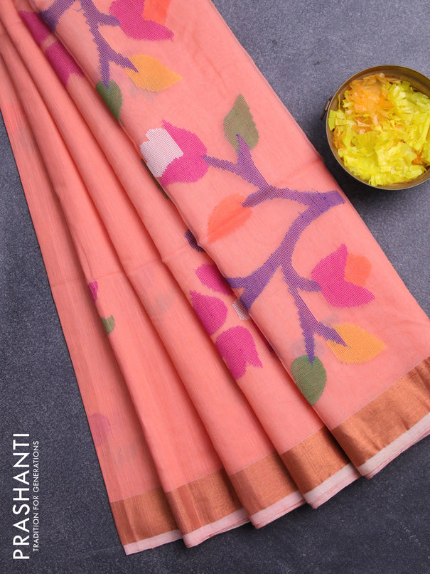 Jamdhani silk cotton saree peach orange with thread woven floral buttas and copper zari woven border