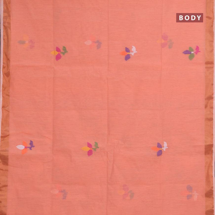 Jamdhani silk cotton saree peach orange with thread woven floral buttas and copper zari woven border