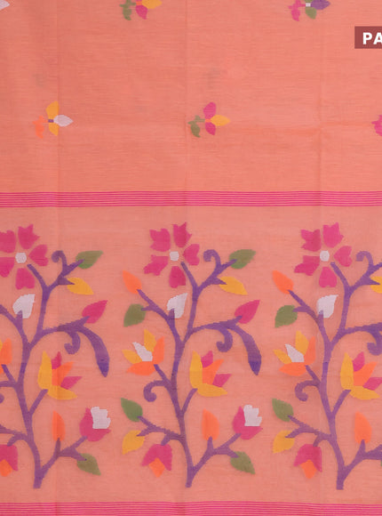 Jamdhani silk cotton saree peach orange with thread woven floral buttas and copper zari woven border