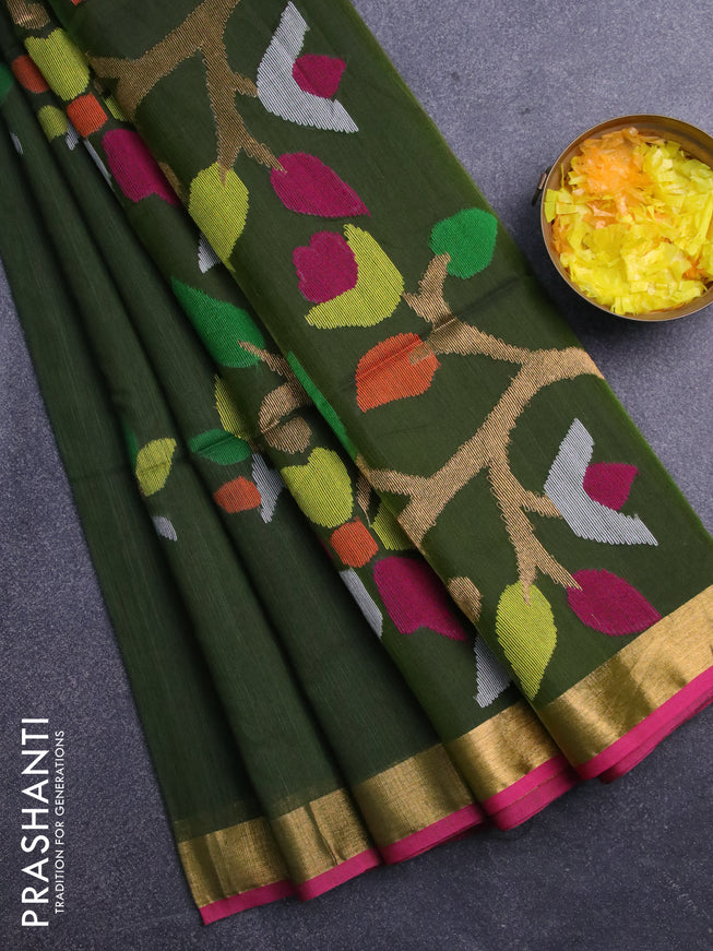 Jamdhani silk cotton saree sap green with thread woven floral buttas and zari woven border