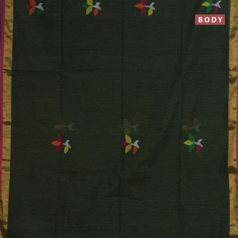 Jamdhani silk cotton saree sap green with thread woven floral buttas and zari woven border