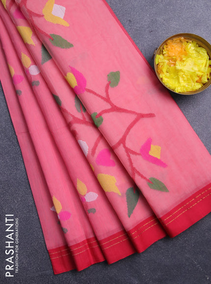 Jamdhani silk cotton saree pink shade with thread woven floral buttas and zari woven border