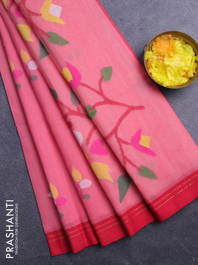 Jamdhani silk cotton saree pink shade with thread woven floral buttas and zari woven border