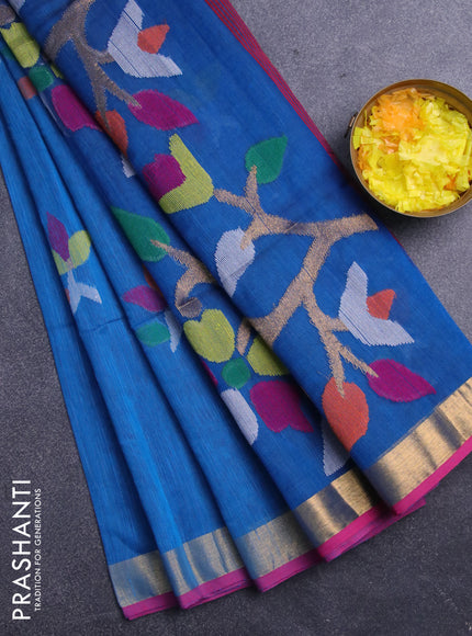 Jamdhani silk cotton saree cs blue with thread woven floral buttas and zari woven border