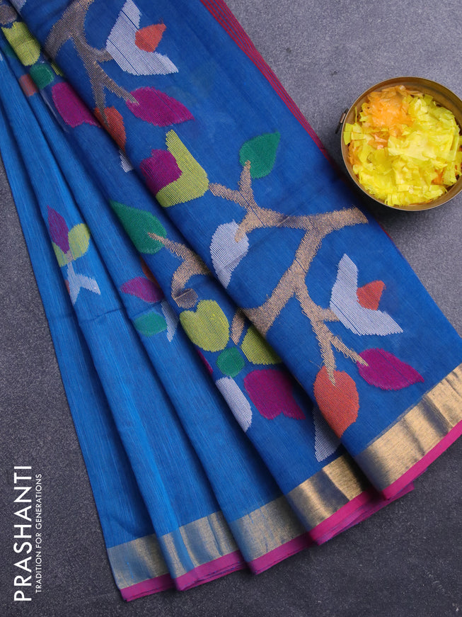 Jamdhani silk cotton saree cs blue with thread woven floral buttas and zari woven border